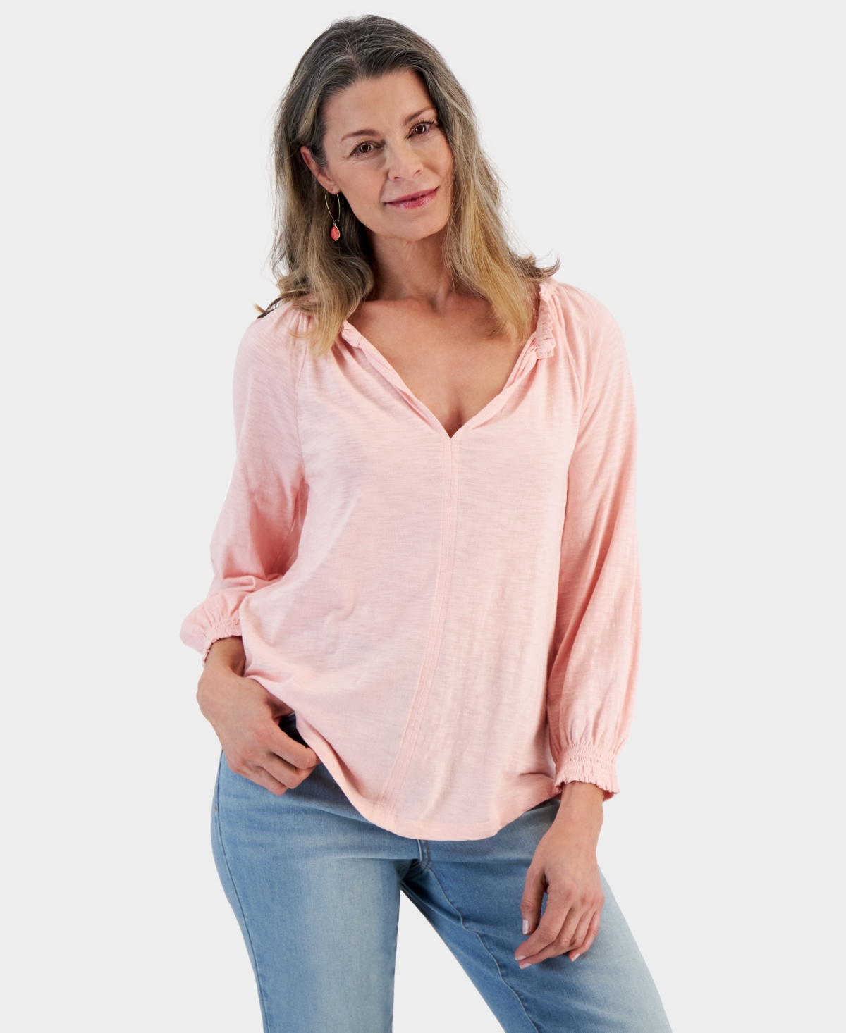 Women's Split Neck Ruffle Trim Long-Sleeve Knit Top, Created for Macy's - Pink Lining