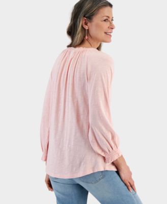 Women's Split Neck Ruffle Trim Long-Sleeve Knit Top