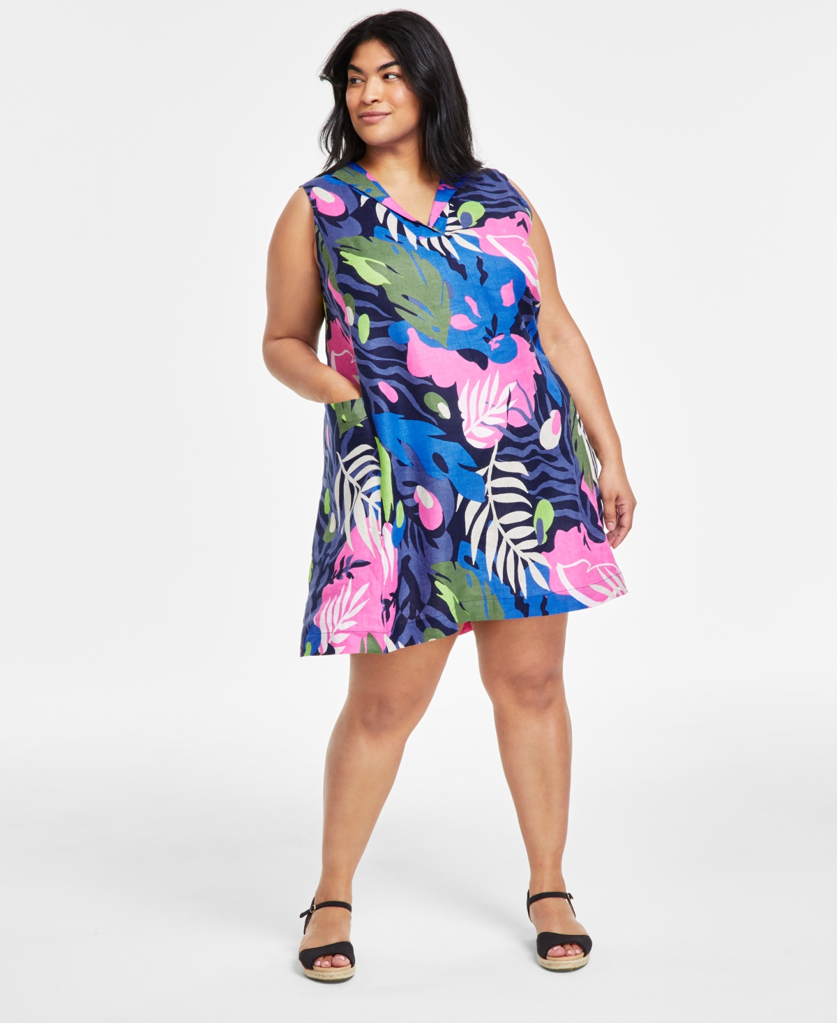 Charter Club Plus Size 100% Linen Printed Split-neck Dress, Created For Macy's In Intrepid Blue Combo