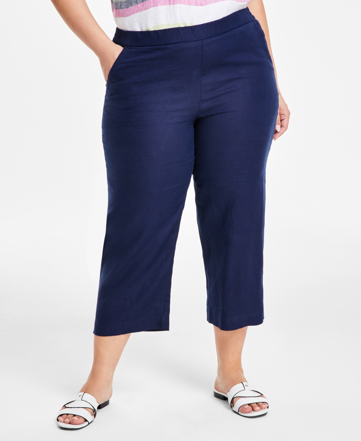 Charter Club Plus Size 100% Linen Cropped Pants, Created For Macy's In Intrepid Blue