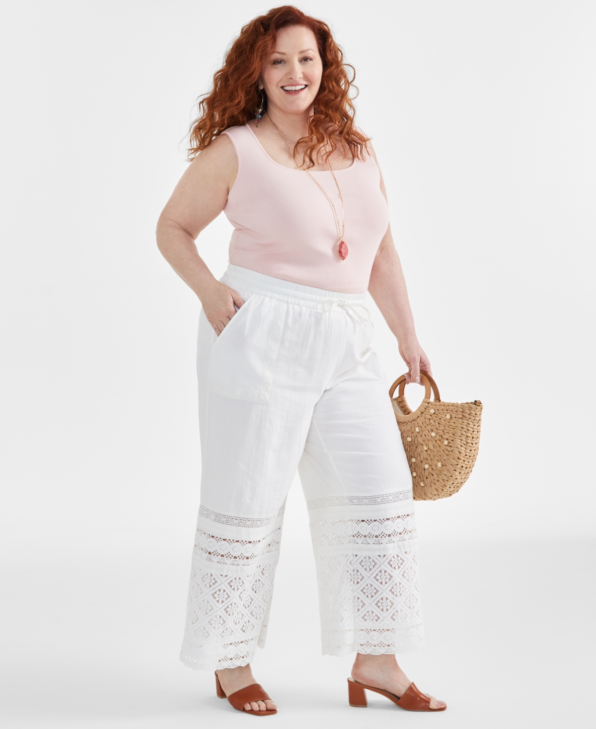 Style & Co Plus Size Cotton Crochet Wide-Leg Pants, Created for Macy's