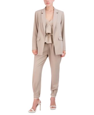 Shop Bcbg New York Womens Twill Open Front Blazer Twill Tiered Cami Top Twill Jogger Pants In Khaki
