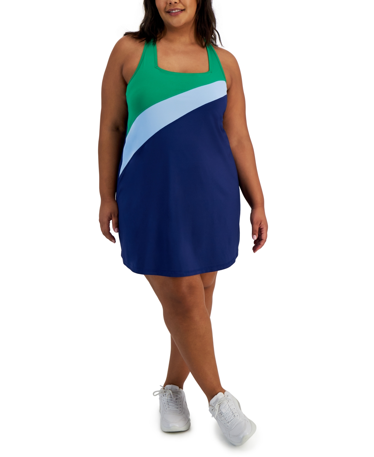 Shop Id Ideology Plus Size Active Colorblocked Cross-back Sleeveless Dress, Created For Macy's In Tartan Blue