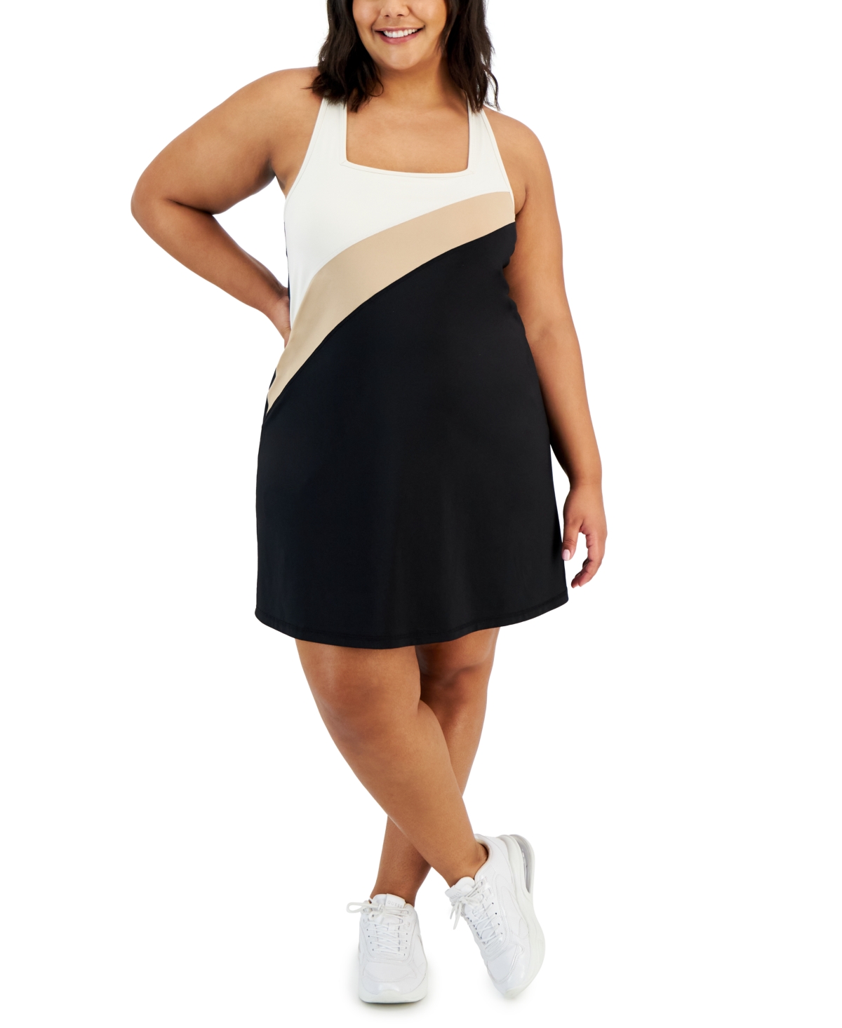 Plus Size Active Colorblocked Cross-Back Sleeveless Dress, Created for Macy's - Deep Black