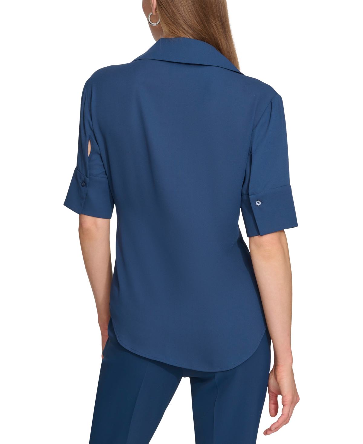 Shop Dkny Petite Notched-lapel Short-sleeve Blouse In Navy