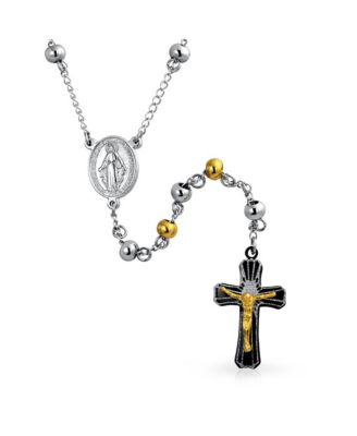 Two Tone Virgin Mary Rosary Prayer Round Ball Beaded Link Chain Jesus Crucifix Gold Plated Stainless Steel