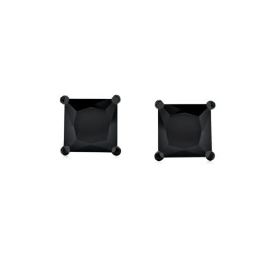 Black Square Solitaire CZ Stud Earrings Secure Screw back Black Plated .925 Sterling Silver