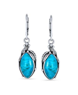 Style Natural Stabilized Blue Turquoise Marquise Shaped Leaf Feather Dangle Earrings Lever back Oxidized Sterling Silver