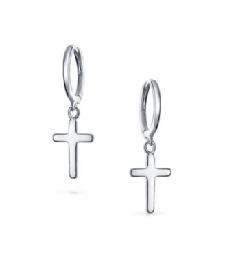 Small Religious Cross Dangle Earrings Rose Gold Plated Sterling Silver Huggie