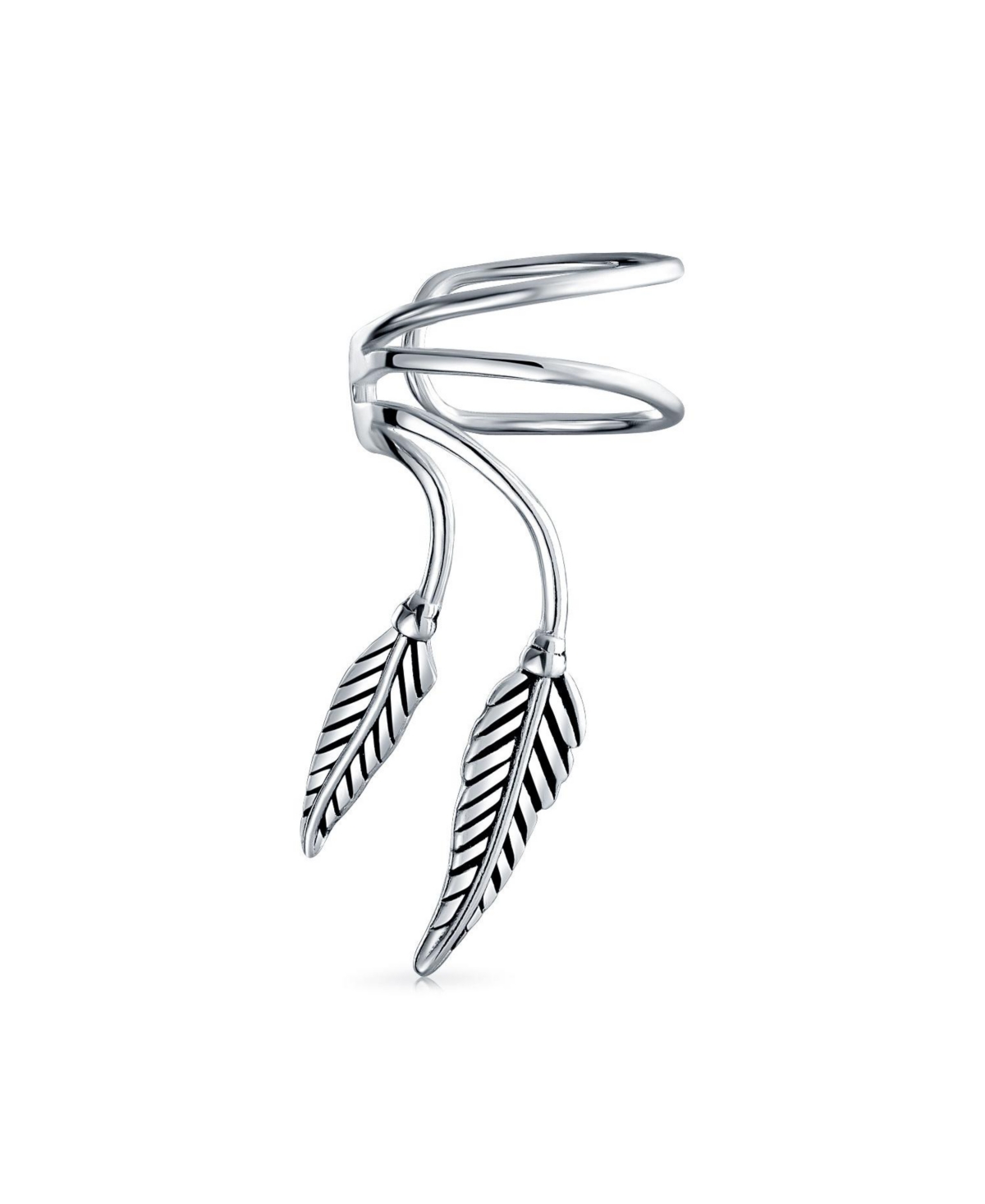 Bling Jewelry Double Leaf Feather Cartilage Ear Cuffs Clip Wrap Wire Earrings Helix For Women Non Pierced Ear Oxidized Sterling Silver