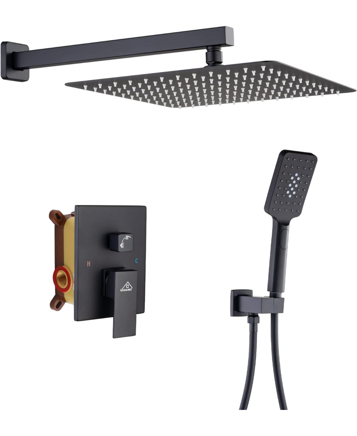 12" Inch Wall Mounted Square Shower System Set with Handheld Spray - Black