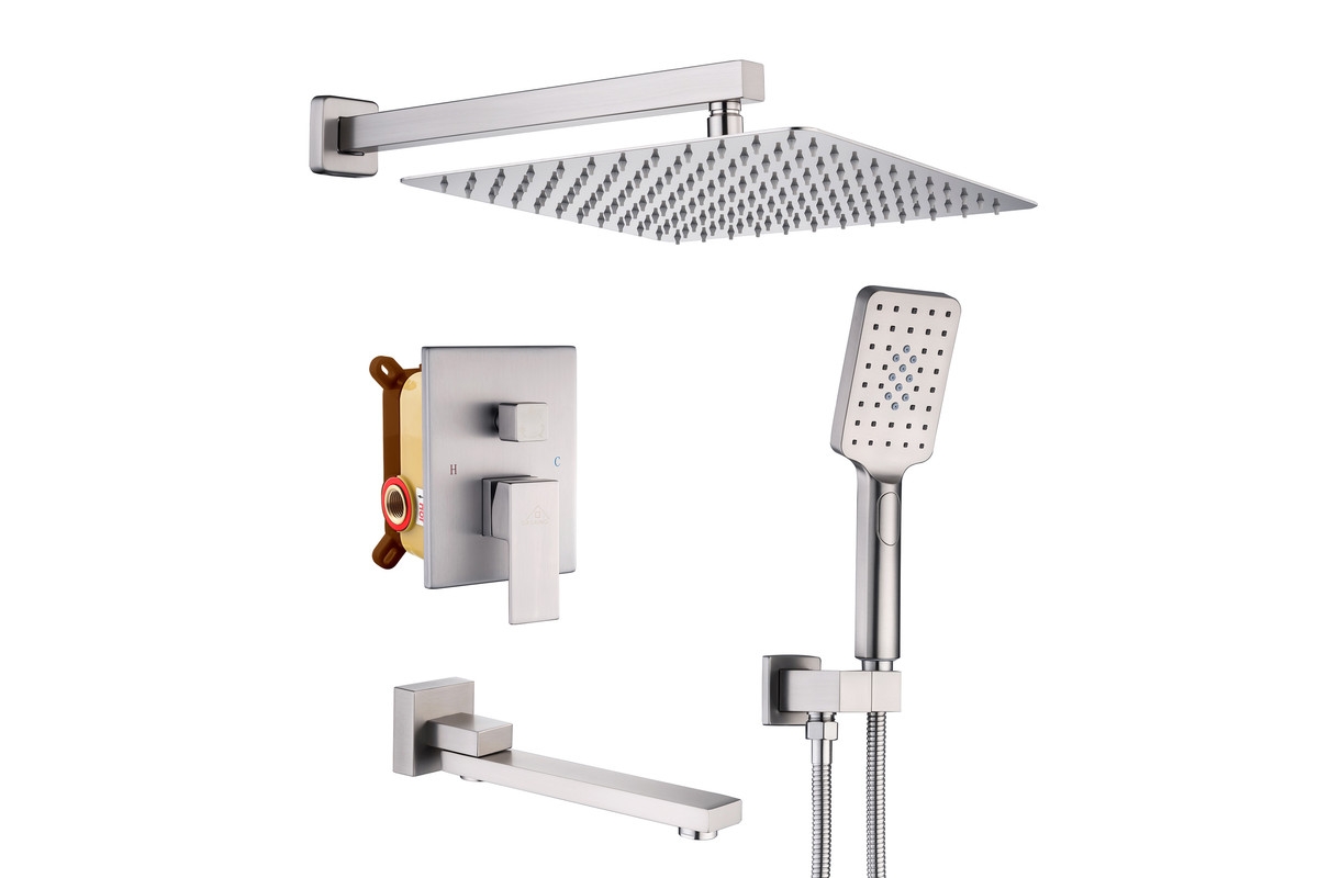 10" Inch Wall Mounted Square Shower System Set with Handheld Spray & Tub Spout - Brushed nickel