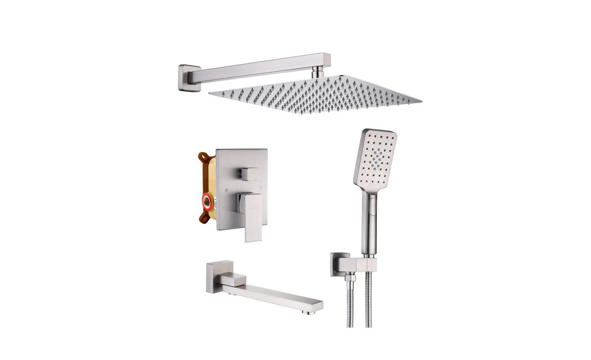 10" Inch Wall Mounted Square Shower System Set with Handheld Spray & Tub Spout - Brushed nickel