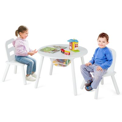 Kids Wooden Round Table & 2 Chair Set w/ Center Mesh Storage