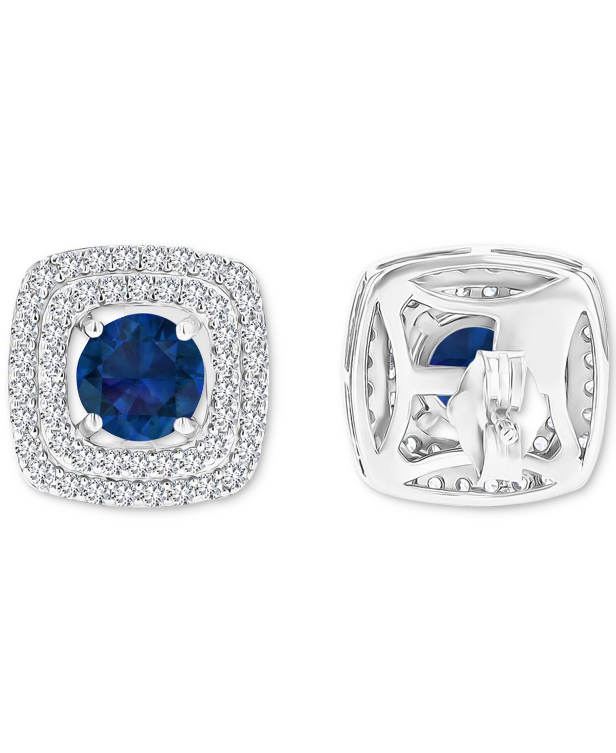 Gemstone & Lab-Grown White(5/8 ct. t.w.) Square Halo Birthstone Stud Earrings in Sterling Silver - Sapphire