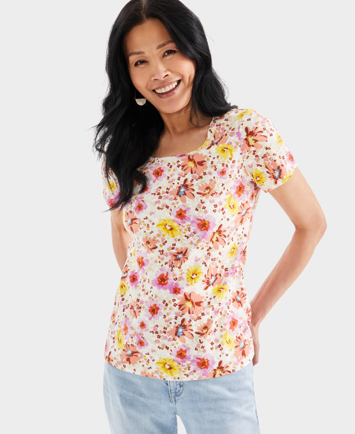 Shop Style & Co Petite Wind Garden Scoop-neck T-shirt, Created For Macy's In Wind Garden Sea Coral