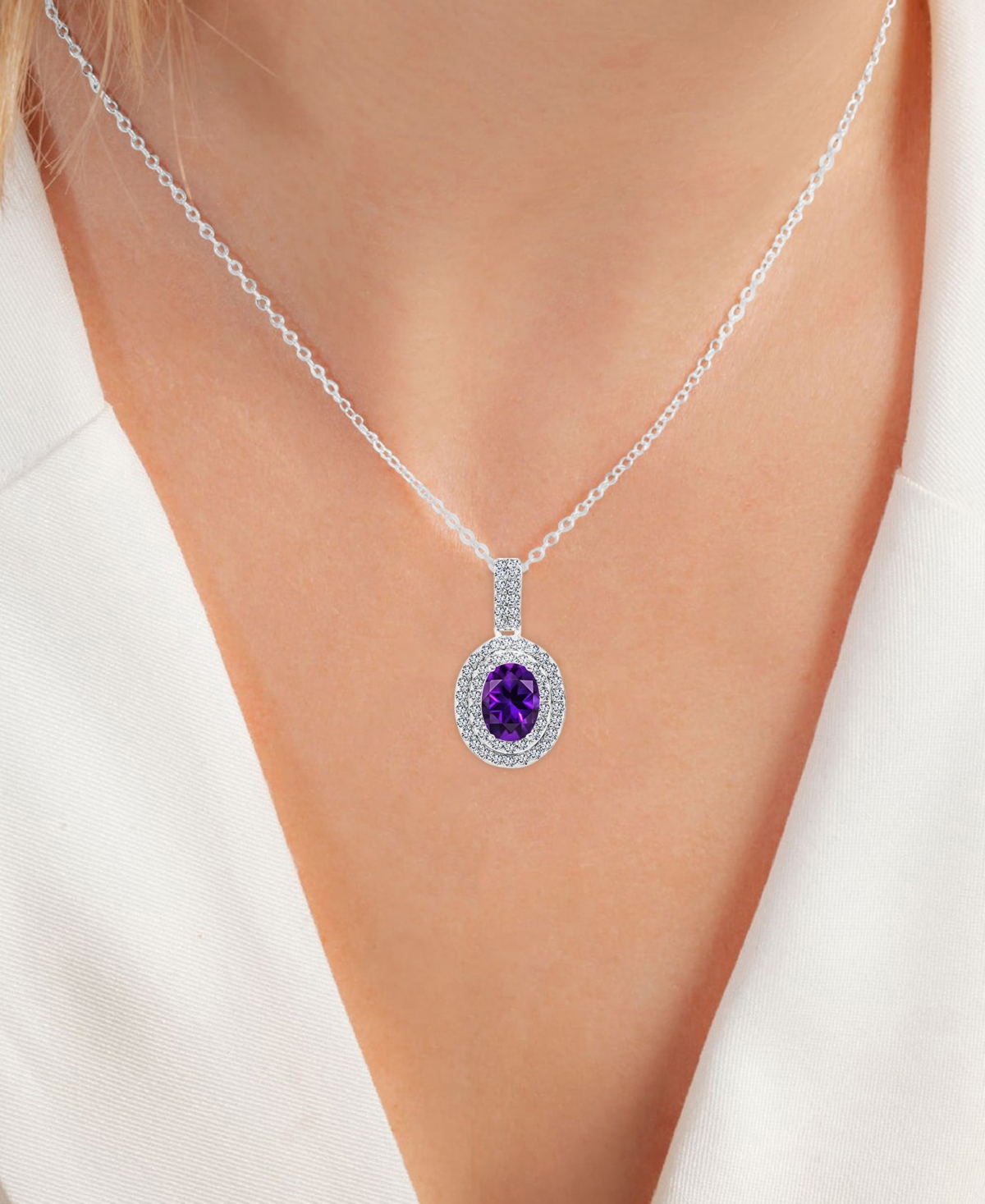 (1-1/20 ct. t.w.) & Lab-Grown White Sapphire (1/2 ct. t.w.) Oval Halo Birthstone Pendant Necklace in Sterling Silver, 16