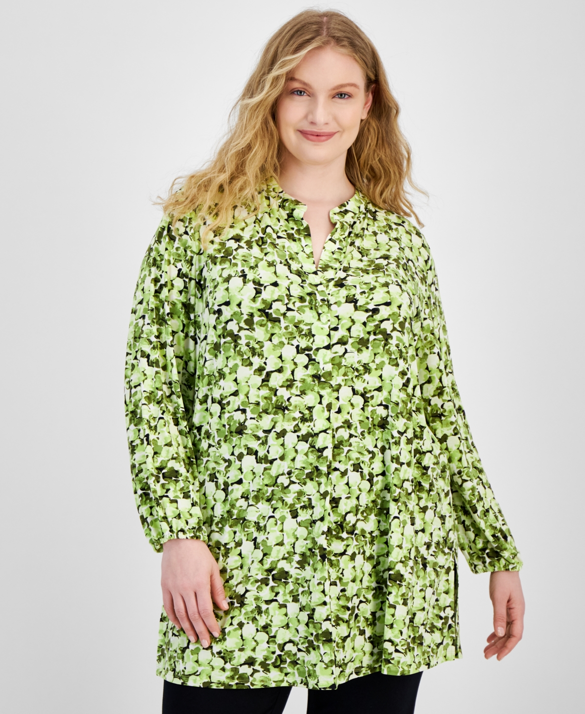 Shop Anne Klein Plus Size Printed Blouson-sleeve Tunic In Sprout Multi
