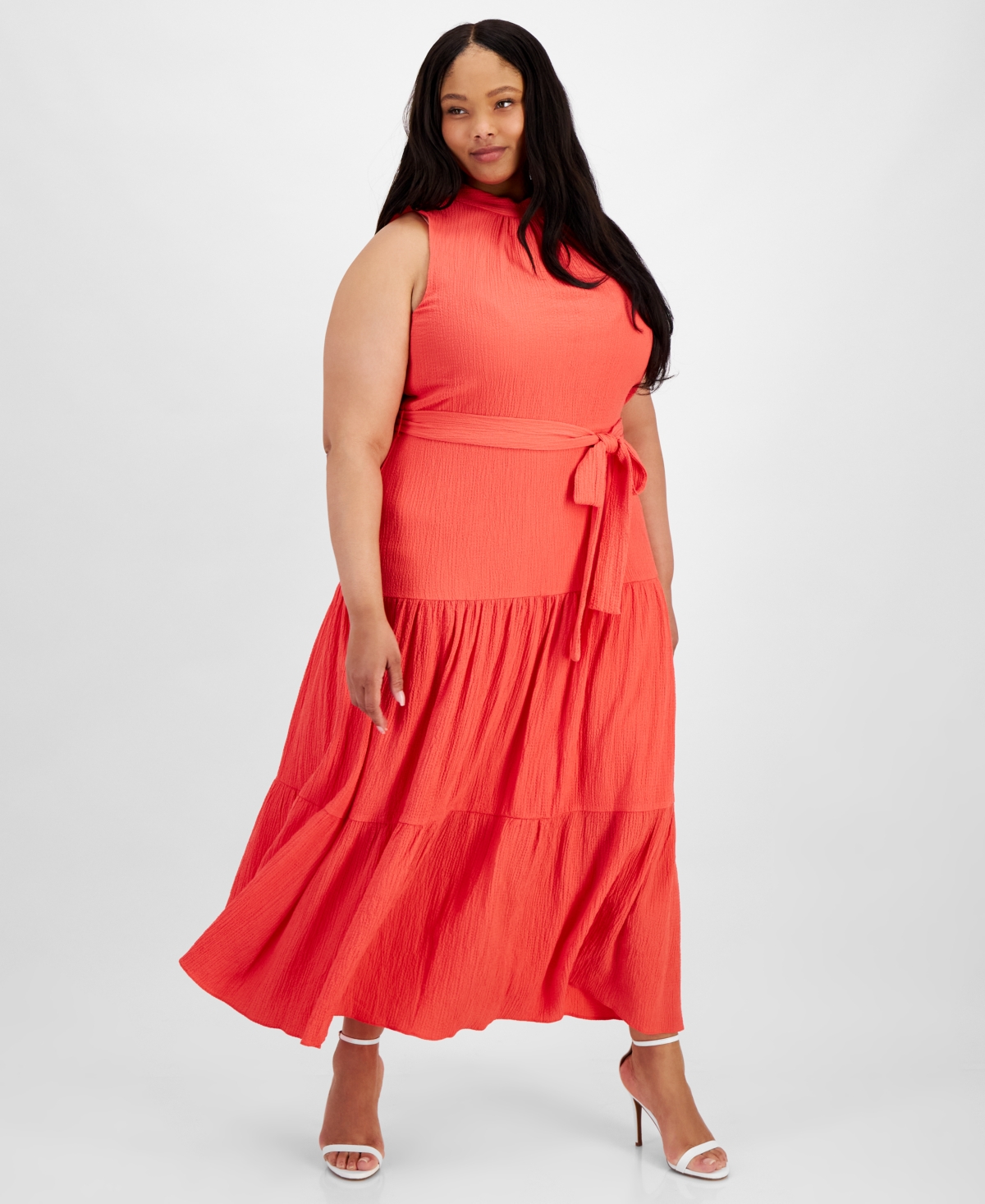 Plus Size Tie-Neck Tiered Maxi Dress - Red Pear