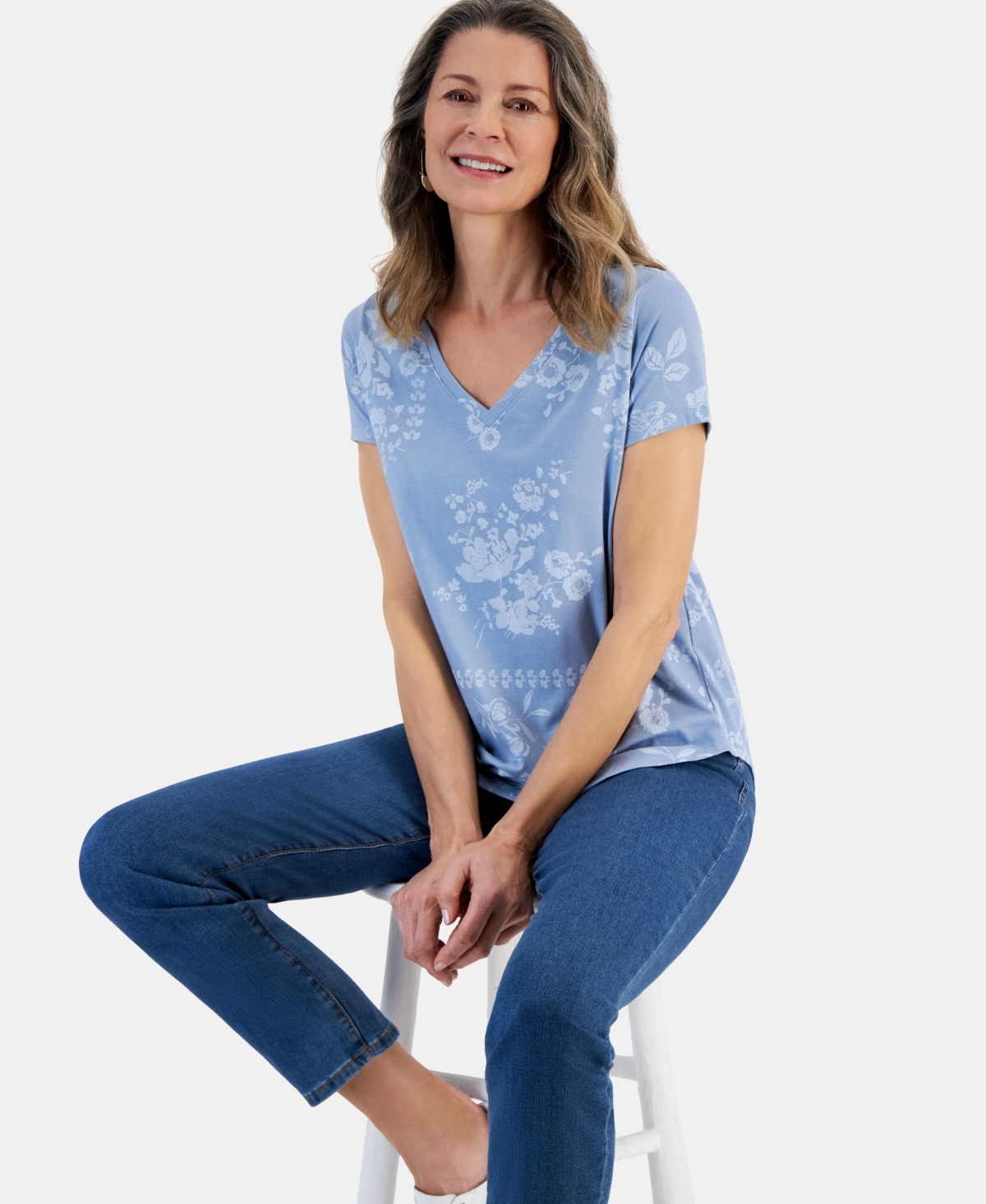 Women's Printed V-Neck T-Shirt, Created for Macy's - Blue Scarf