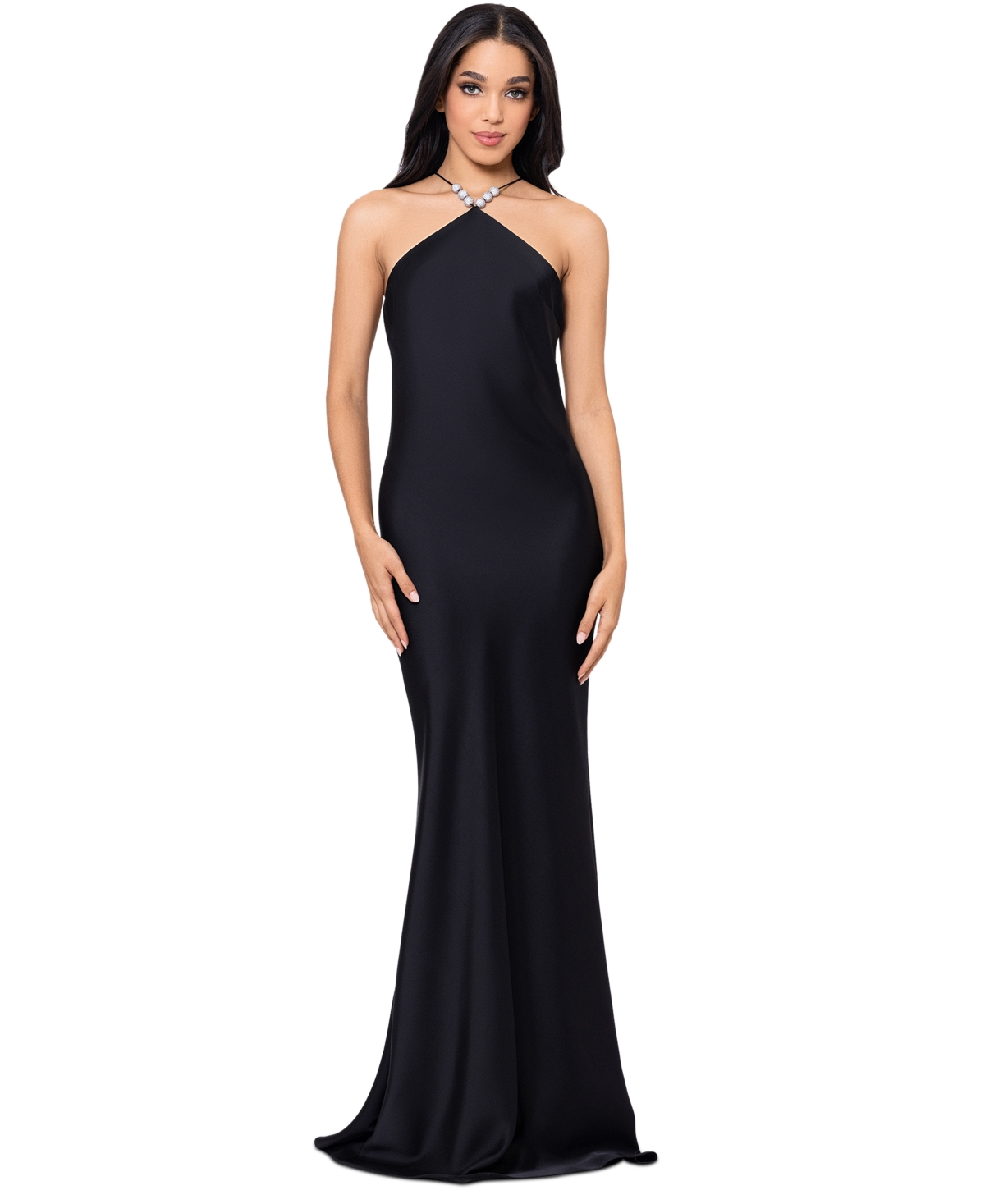 Betsy & Adam Women's Pave-bead Satin Halter Gown In Black
