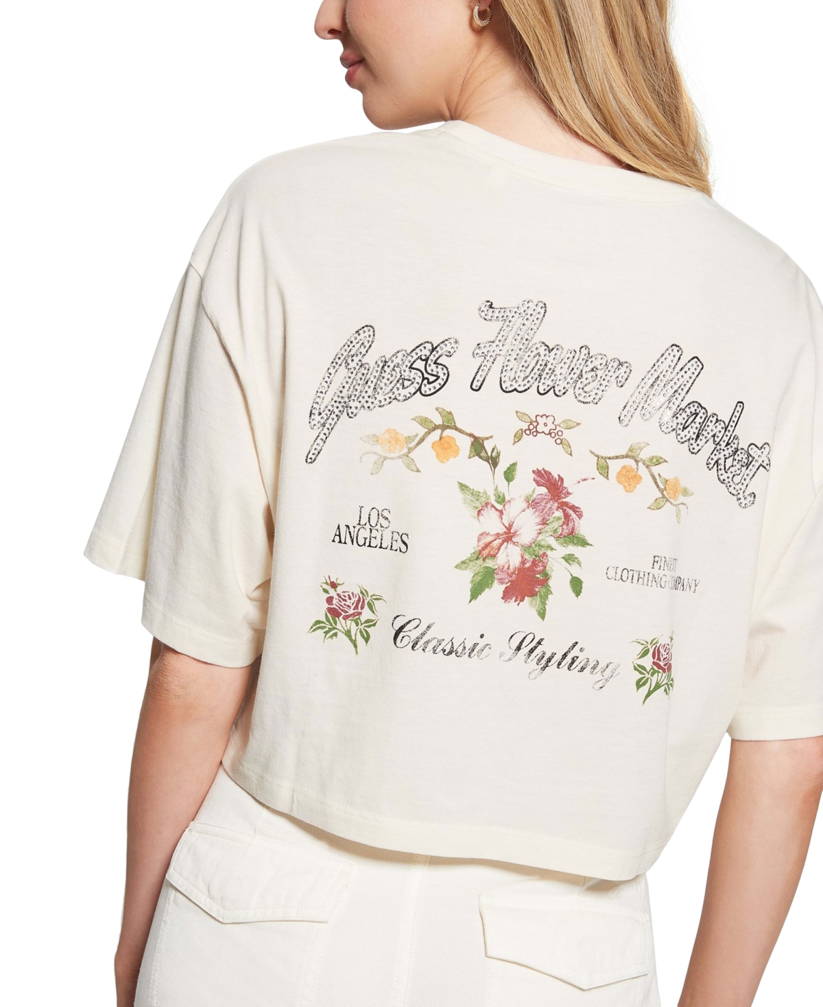 Shop Guess Women's Flower Market Embellished Cropped T-shirt In Pearl White