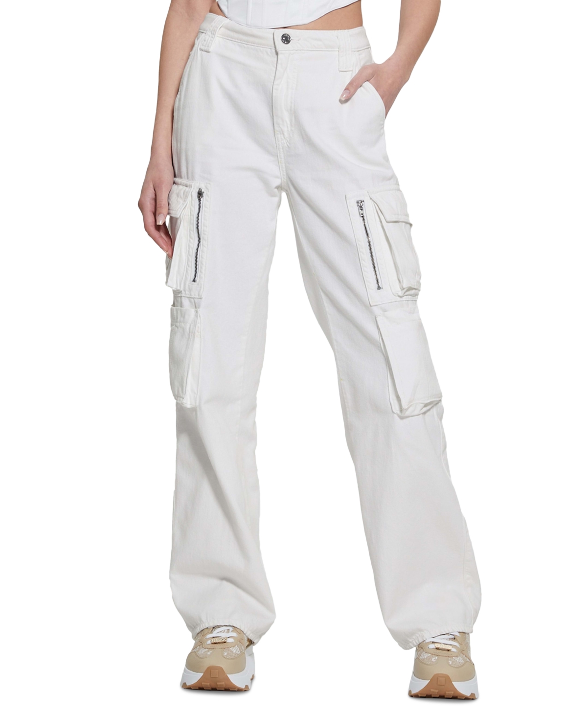 Guess Women's Kori High Rise Wide Leg Cotton Cargo Jeans In Cloud White