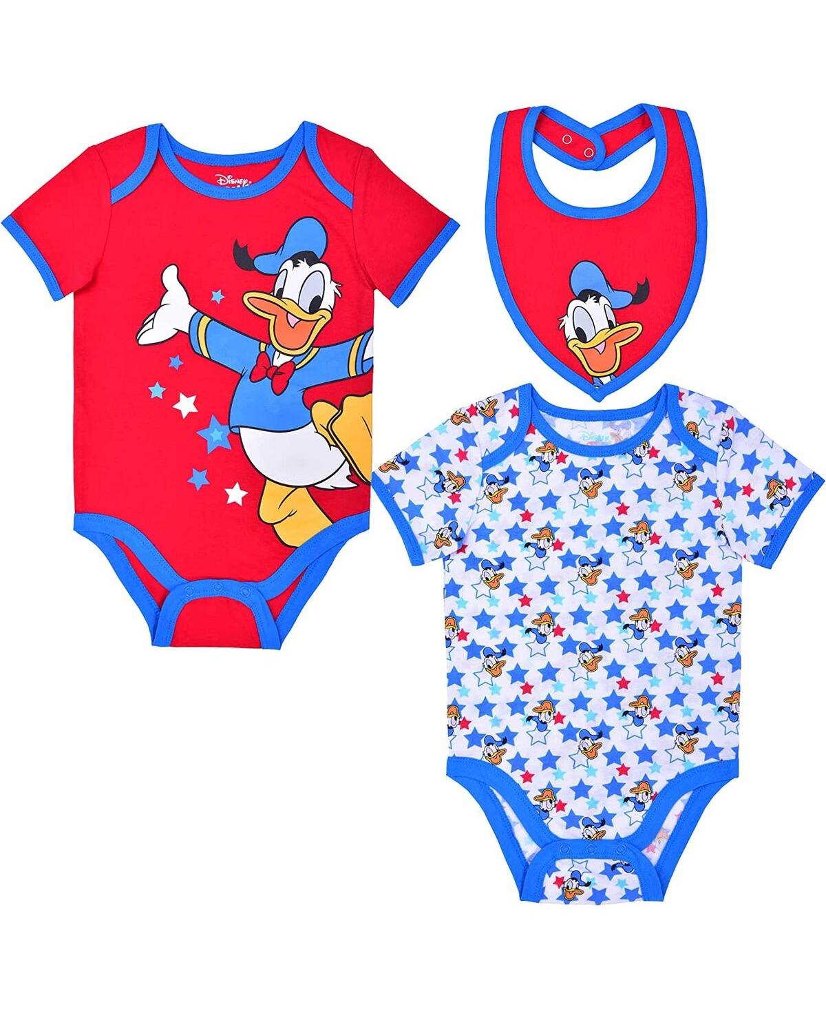Shop Children's Apparel Network Baby Boys And Girls Donald Duck Red, White Mickey & Friends Bodysuit & Bib Three-pack Set In Red,white