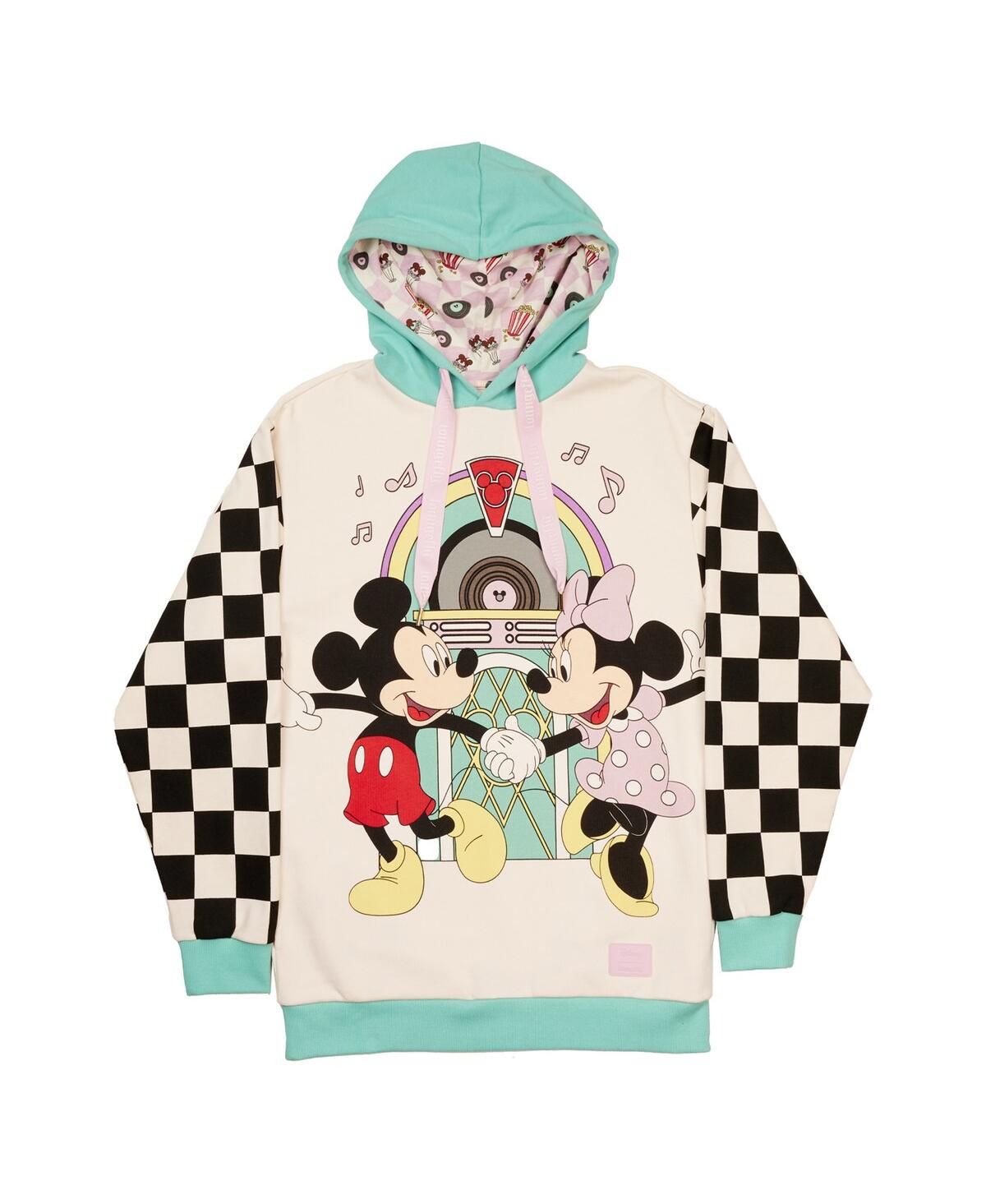Shop Loungefly Men's And Women's  White Distressed Mickey & Minnie Date Night Diner Jukebox Pullover Hoodi