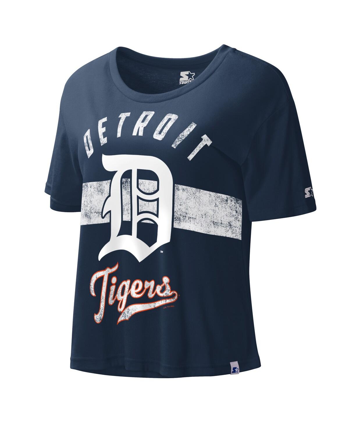 STARTER WOMEN'S STARTER NAVY DISTRESSED DETROIT TIGERS COOPERSTOWN COLLECTION RECORD SETTER CROP TOP