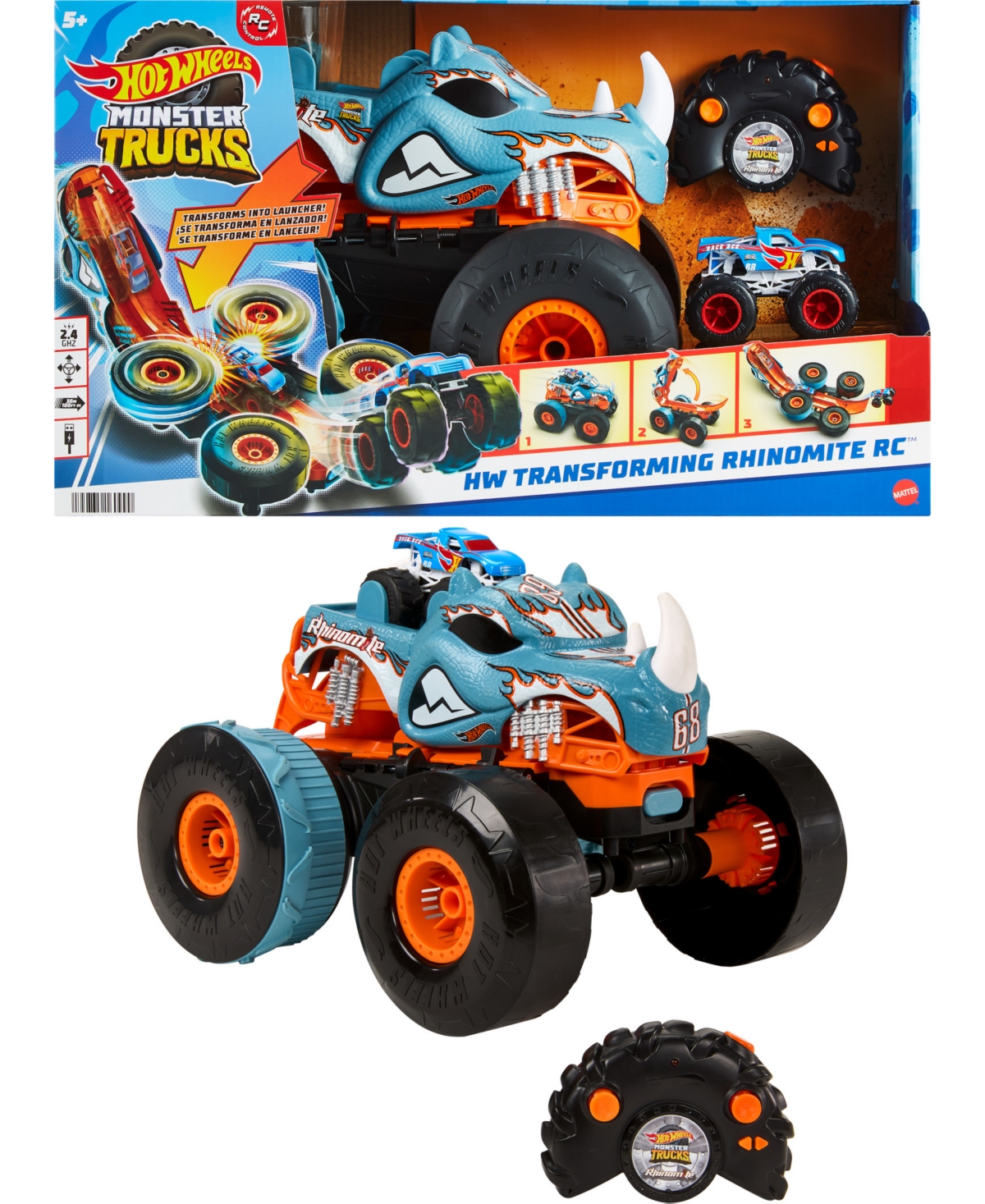 Shop Hot Wheels Monster Trucks Hw Changing Rhinomite Rc In 1:12 Scale With 1:64 Scale Toy Truck In Multicolor