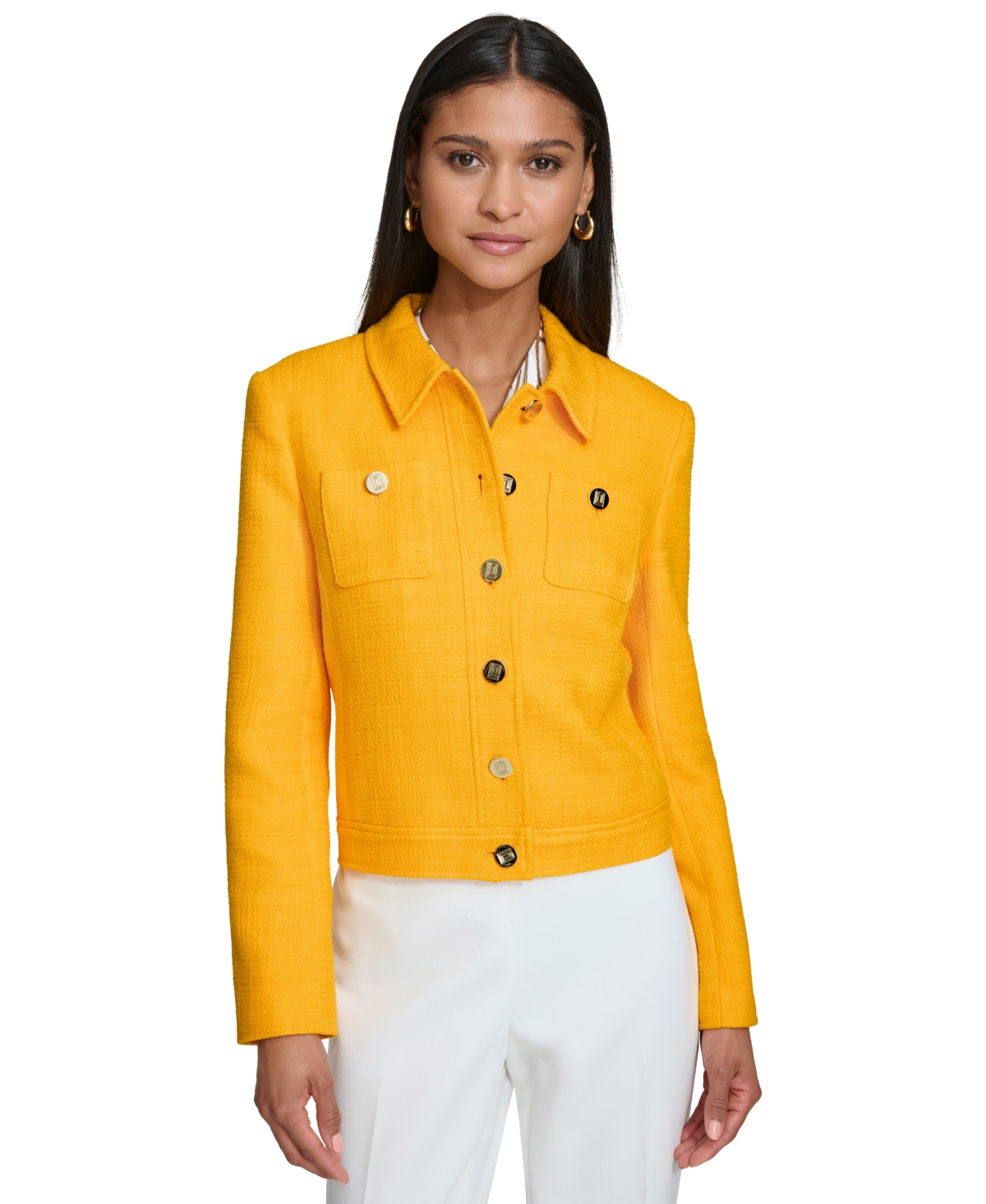 Shop Karl Lagerfeld Paris Women's Button-front Textured Jacket In Gold Fusion