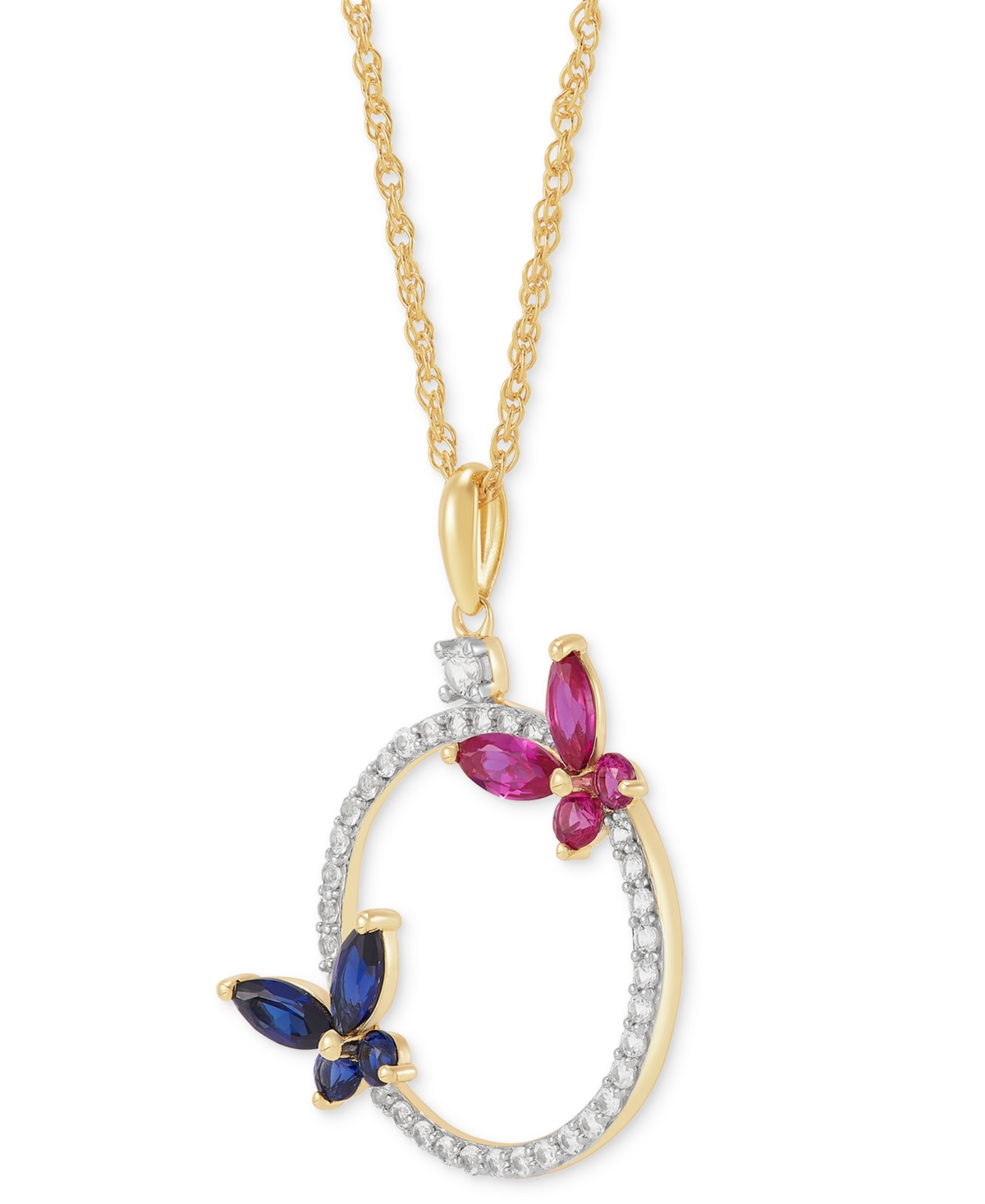 Macy's Lab-grown Gemstones 18" Butterfly Circle Pendant Necklace (1-3/8 Ct. T.w.) In 14k Gold-plated Sterli In Multi-gemstone