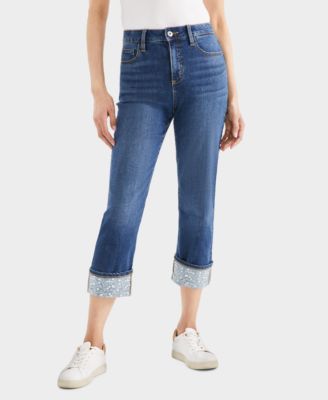 Women's High-Rise Embroidered Cuffed Jeans