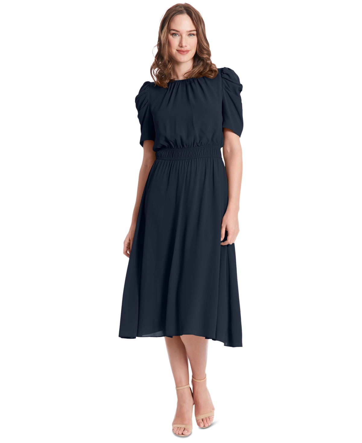 LONDON TIMES PETITE RUCHED-SLEEVE SMOCKED-WAIST DRESS