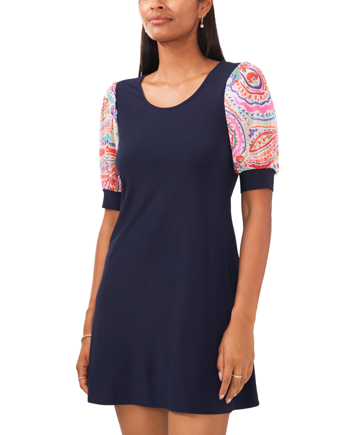 Shop Msk Petite Round-neck Paisley-sleeve Combo Dress In Pink,multi