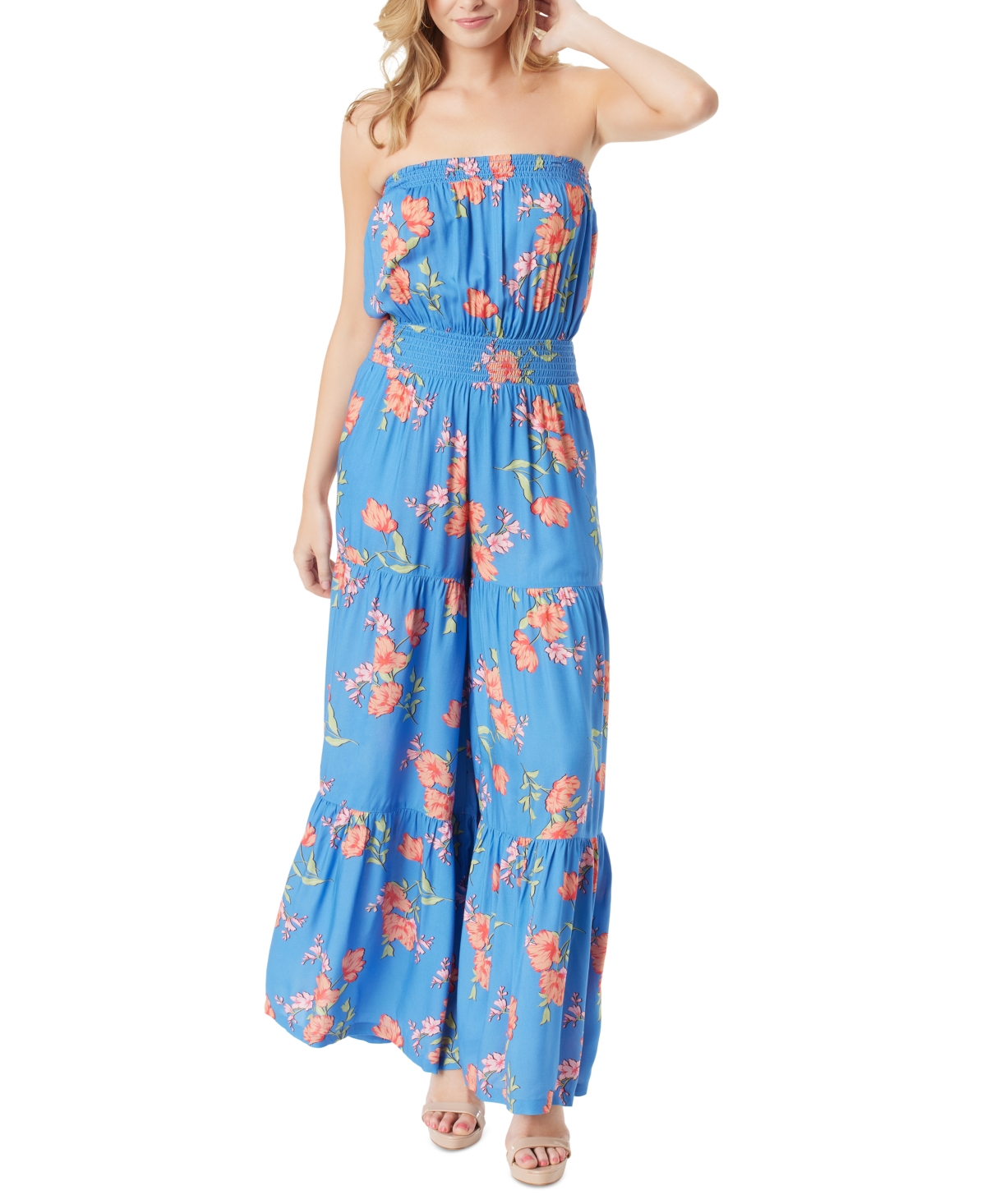 Shop Jessica Simpson Women's Devyn Strapless Smocked Jumpsuit In Happy Floret