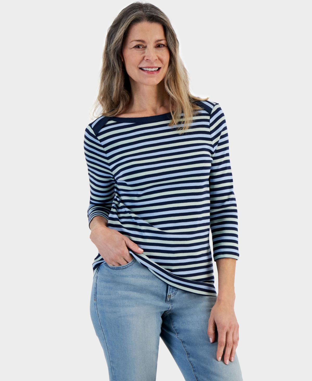 Petite Valerie Striped 3/4-Sleeve Boat-Neck Top, Created for Macy's - Stripe Industrial Blue