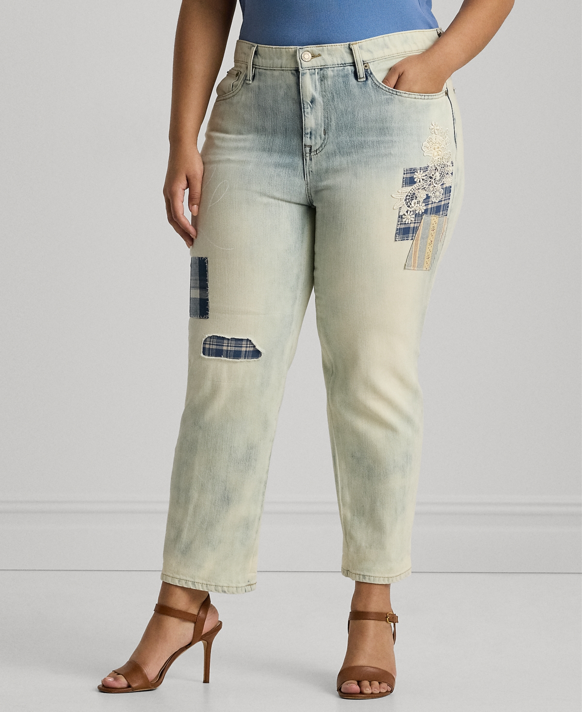 Plus Size Mid-Rise Tapered Patchwork Jeans - Belleville Wash