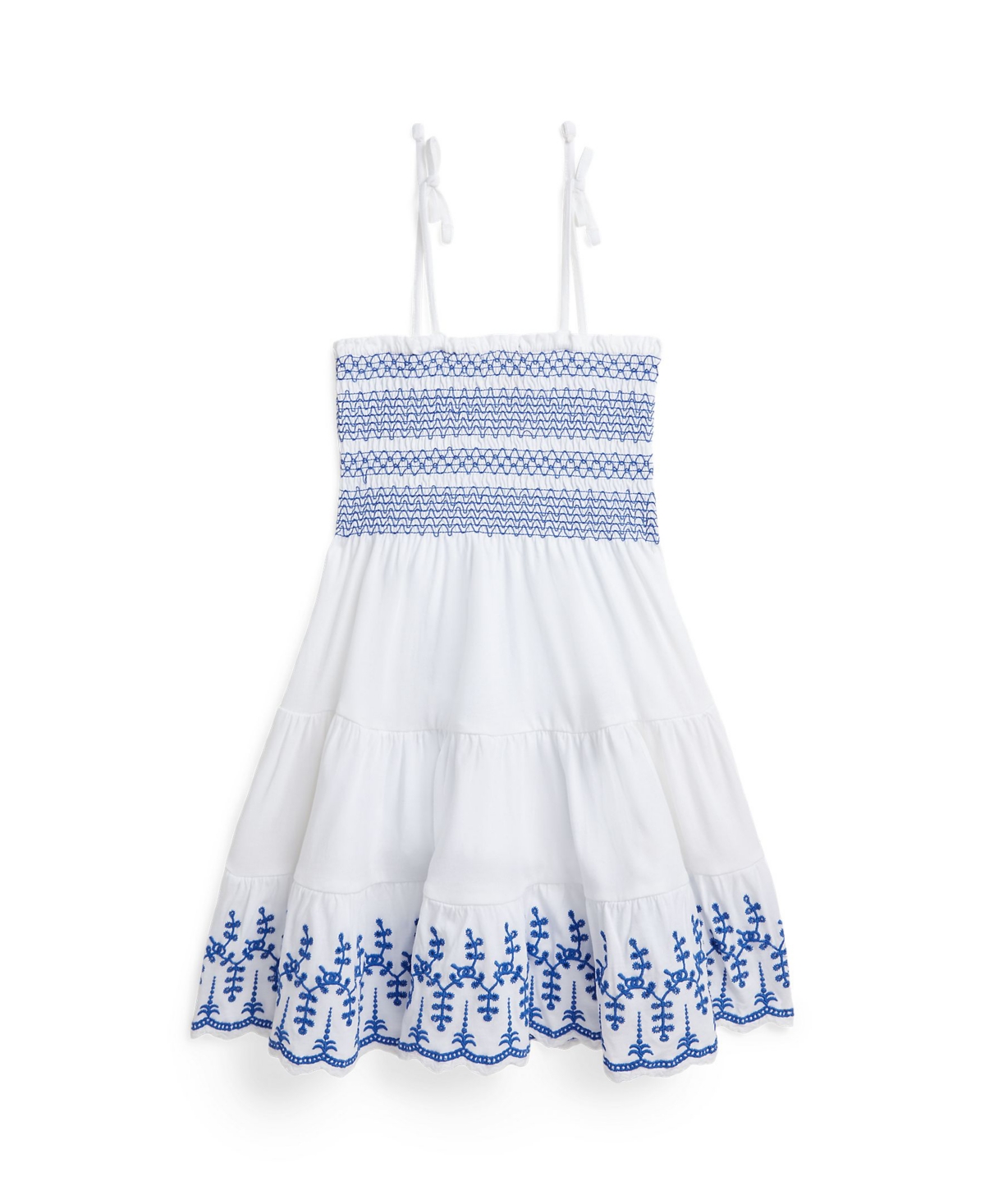 Shop Polo Ralph Lauren Toddler And Little Girls Smocked Eyelet Cotton Jersey Dress In White With Brilliant Sapphire