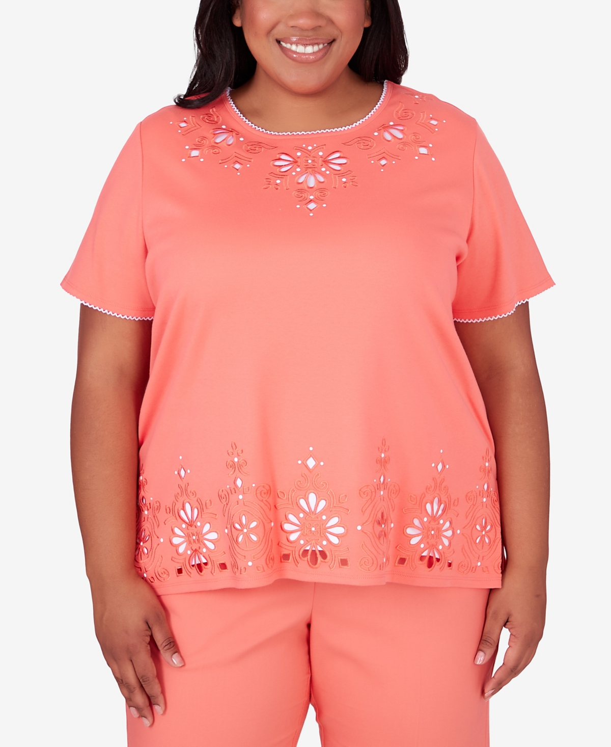 Shop Alfred Dunner Plus Size Neptune Beach Medallion Cut Out Top In Coral