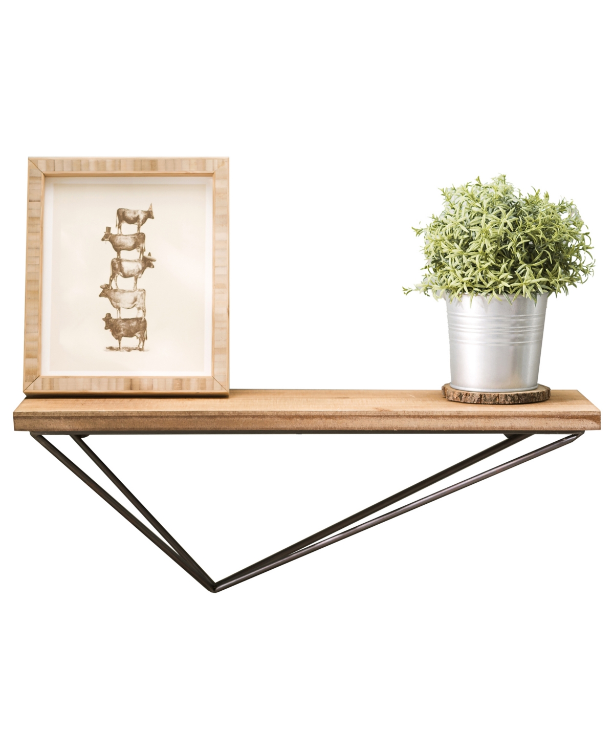 Danya B Rustic Wall Mount Pine Wood Floating Display Shelf with Diamond-Shaped Asymmetrical Iron Bracket