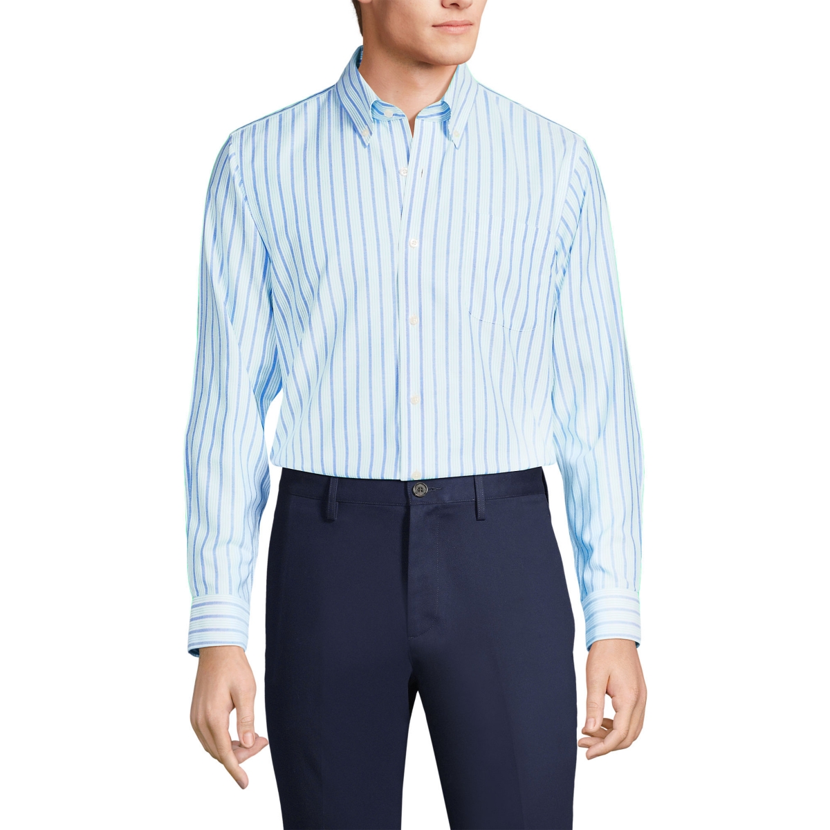 Men's Pattern No Iron Supima Oxford Dress Shirt - Royal cobalt/green stripe