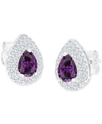 Amethyst (1-1/5 ct. t.w.) & Lab-Grown White Sapphire (1/2 ct. t.w.) Pear Halo Birthstone Stud Earrings in Sterling Silver