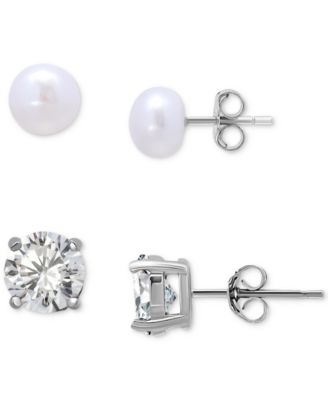 Giani Bernini - 2-Pc. Set Cultured Freshwater Pearl (7mm) & Cubic Zirconia Stud Earrings in Sterling Silver