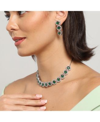 Women's Green Crystal Bling Necklace And Earrings (Set Of 2)
