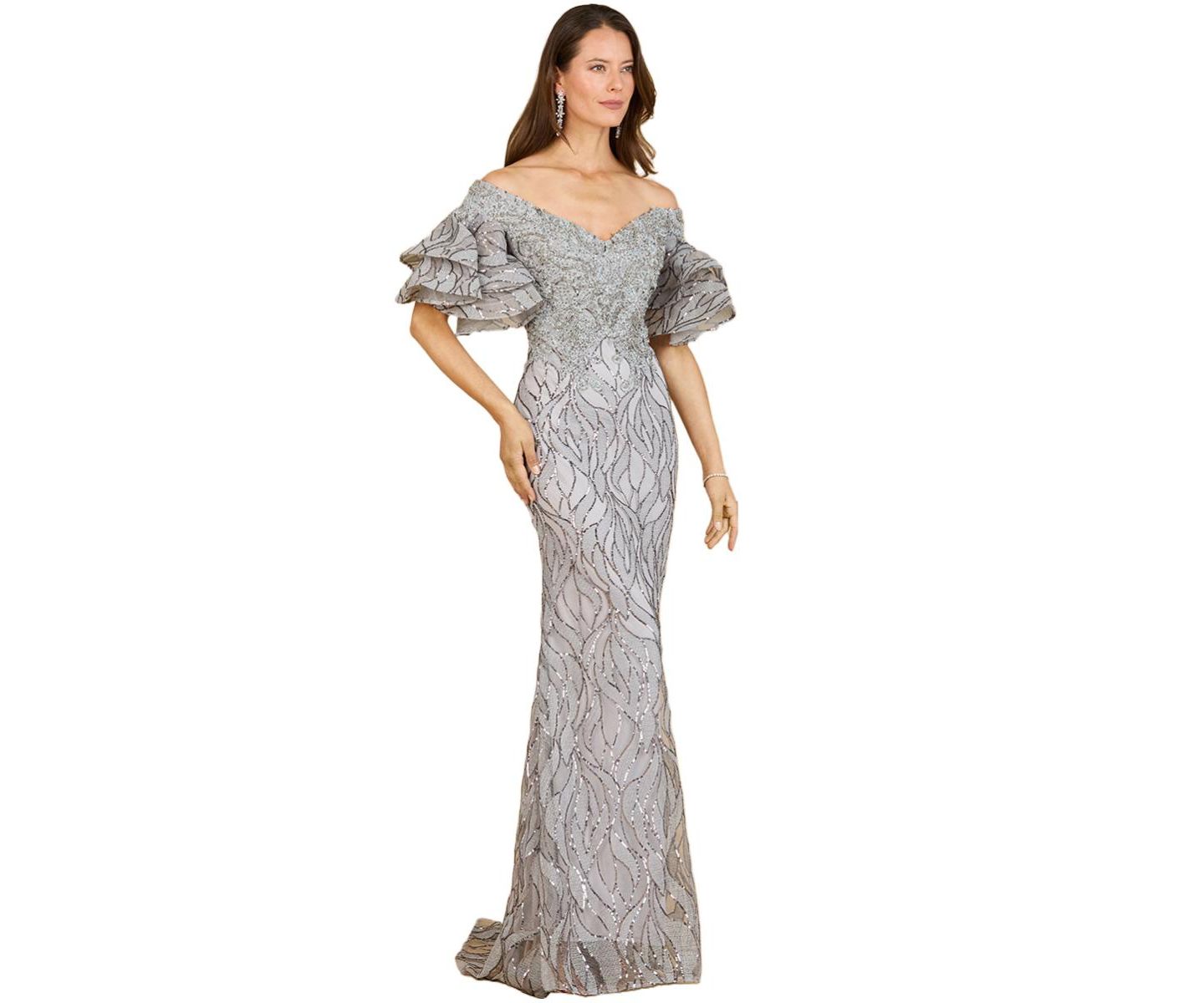 Женские платья Lara Off shoulder mermaid beaded gown with tiered sleeves, цвет: Серый — фото 1