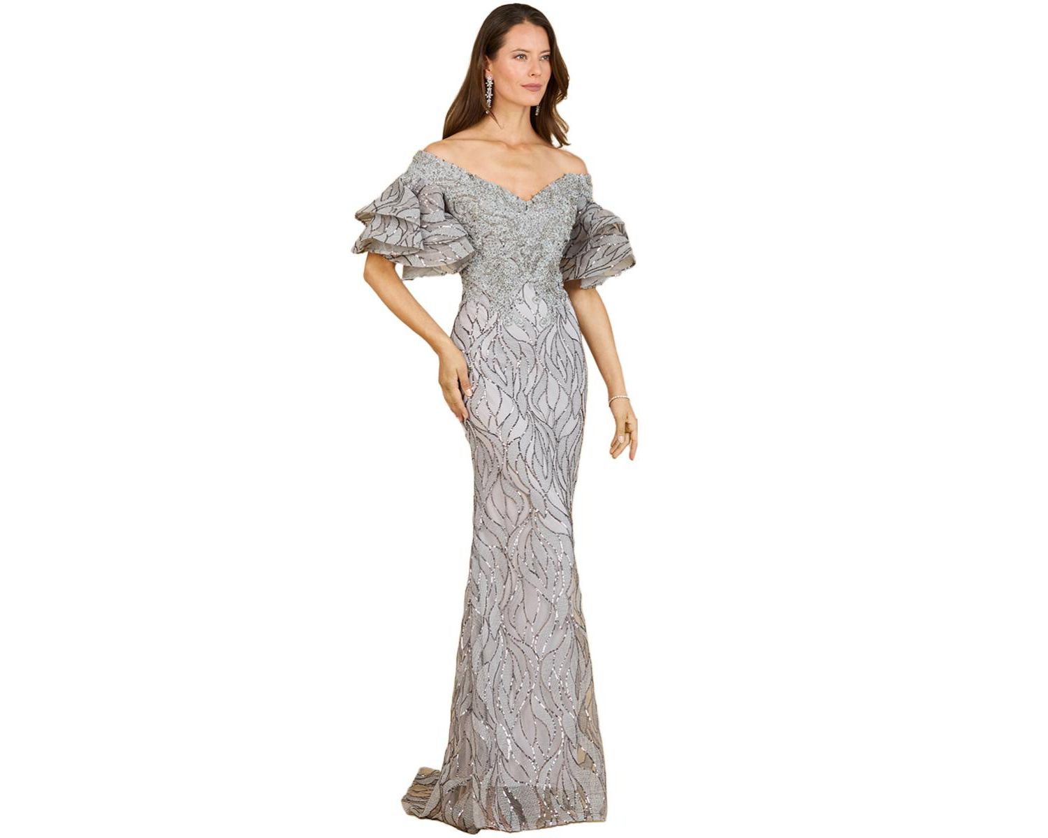 Women's Off shoulder mermaid beaded gown with tiered sleeves