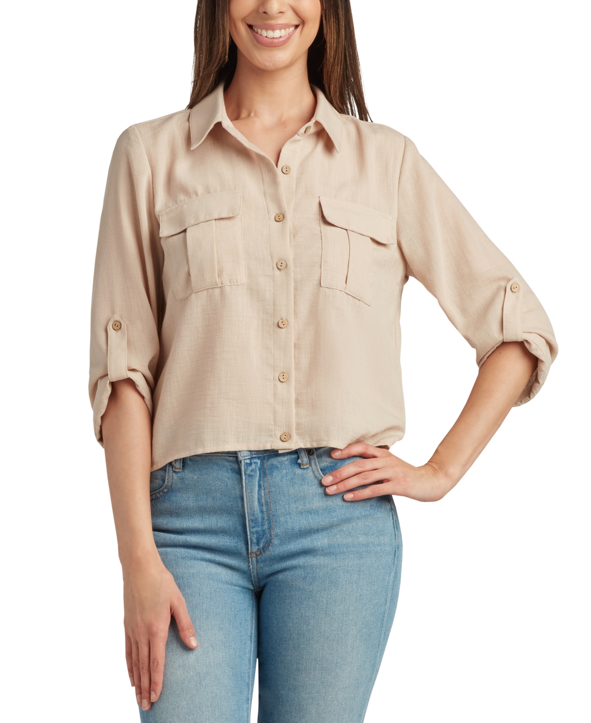 Bcx Juniors' Button-front Roll-tab-sleeve Cargo Top In Sand