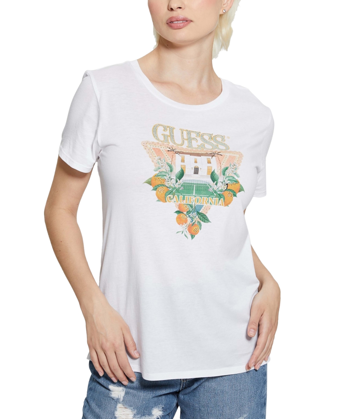 Guess Women's Embellished Mansion Logo Easy T-shirt In Pure White
